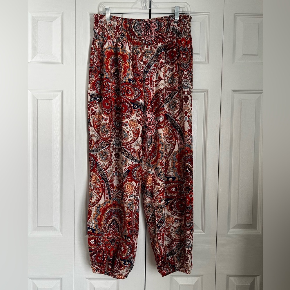 Red and Cream Paisley  Pants with Elastic Waist